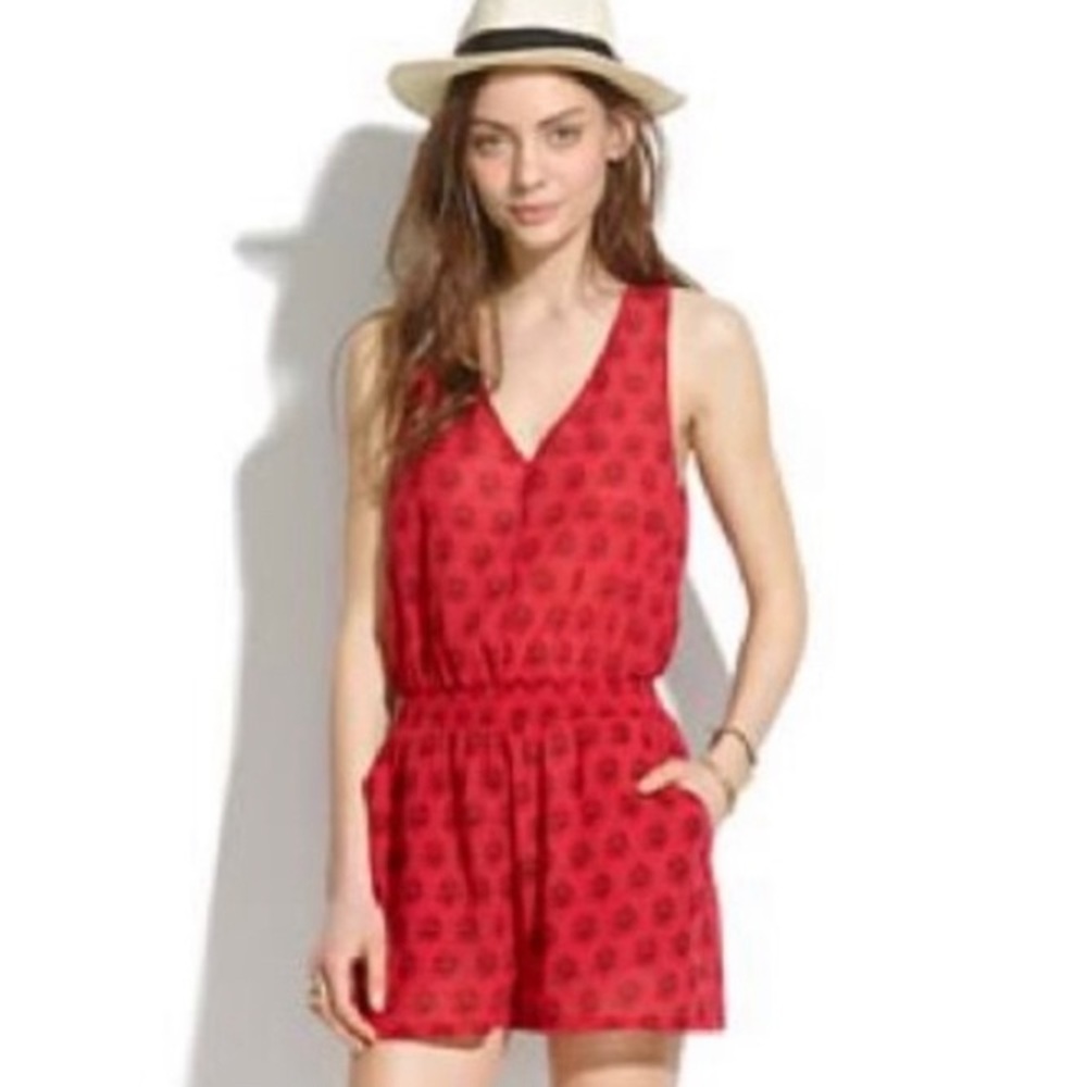 MADEWELL PRINTED COTTON ROMPER PLAYSUIT - RED, SIZE MEDIUM